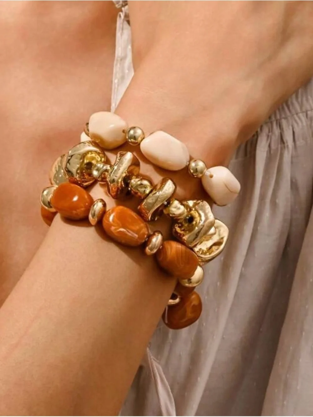 3pcs Gold and Cream Beaded Stretch Bracelet Set -good for mother day present